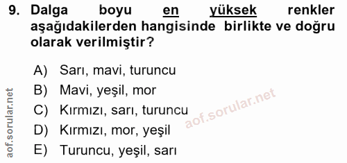 9. soru: Dalga boyu en yüksek renkler aşağıdakilerden hangisinde birlikte ve doğru olarak verilmiştir? A) Sarı, mavi, turuncu…