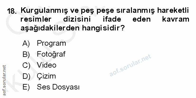18. soru: Kurgulanmış ve peş peşe sıralanmış hareketli resimler dizisini ifade eden kavram aşağıdakilerden hangisidir? A) Progr…