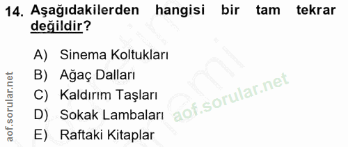 14. soru: Aşağıdakilerden hangisi bir tam tekrar değildir? A) Sinema Koltukları B) Ağaç Dalları D) Sokak Lambaları C) Kaldırım…