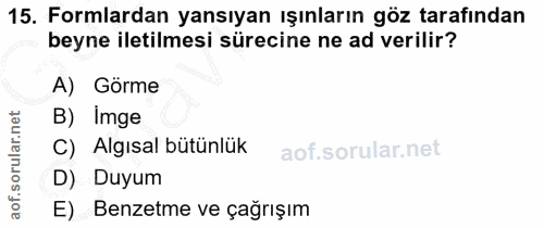 15. soru: Formlardan yansıyan ışınların göz tarafından beyne iletilmesi sürecine ne ad verilir? A) Görme B) Imge C) Algısal büt…