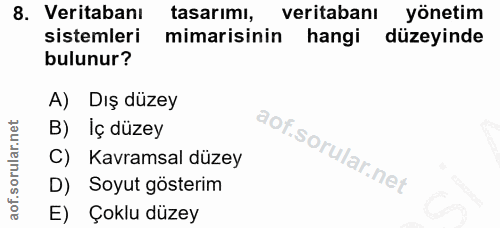 8. soru: Veritabanı tasarımı, veritabanı yönetim sistemleri mimarisinin hangi düzeyinde bulunur? A) Dış düzey B) İç düzey C) K…