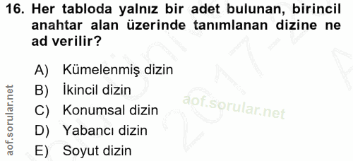 16. soru: Her tabloda yalnız bir adet bulunan, birincil anahtar alan üzerinde tanımlanan dizine ne ad verilir? A) Kümelenmiş di…