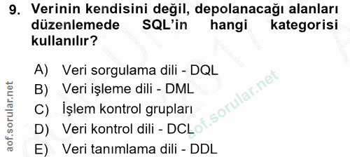 9. soru: Verinin kendisini değil, depolanacağı alanları düzenlemede SQL'in hangi kategorisi kullanılır? A) Veri sorgulama dili…