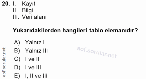 20. soru: I. Kayıt II. Bilgi III. Veri alanı Yukarıdakilerden hangileri tablo elemanıdır? A) Yalnız l B) Yalnız I!I C) I ve ll…