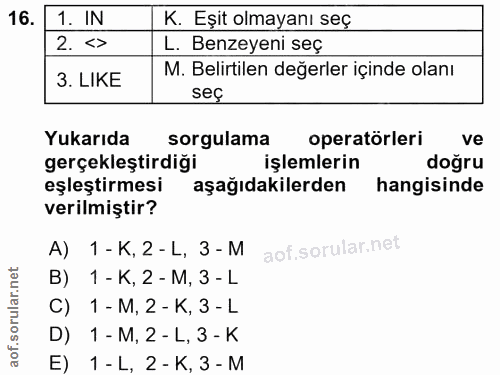 16. soru: 1. IN K. Eşit olmayanı seç 2. < L. Benzeyeni seç 3. LIKE M. Belirtilen değerler içinde olanı seç Yukarıda sorgulama o…
