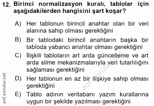 12. soru: Birinci normalizasyon kuralı, tablolar için aşağıdakilerden hangisini şart koşar? A) Her tablonun birincil anahtar ol…