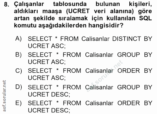 8. soru: Çalışanlar tablosunda bulunan kişileri, aldıkları maaşa (UCRET veri alanına) göre artan şekilde sıralamak için kullan…