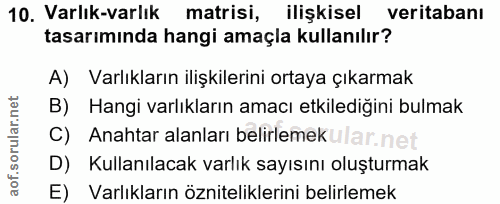 10. soru: Varlık-varlık matrisi, ilişkisel veritabanı tasarımında hangi amaçla kullanılır? A) Varlıkların ilişkilerini ortaya ç…