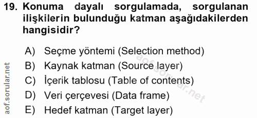 19. soru: Konuma dayalı sorgulamada, sorgulanan ilişkilerin bulunduğu katman aşağıdakilerden hangisidir? A) Seçme yöntemi (Sele…