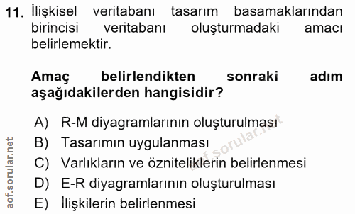 11. soru: İlişkisel veritabanı tasarım basamaklarından birincisi veritabanı oluşturmadaki amacı belirlemektir. Amaç belirlendik…
