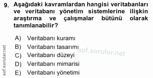 9. soru: Aşağıdaki kavramlardan hangisi veritabanları ve veritabanı yönetim sistemlerine ilişkin araştırma ve çalışmalar bütün…