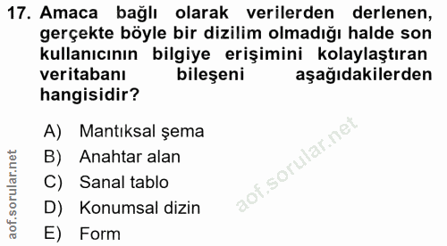 17. soru: Amaca bağlı olarak verilerden derlenen, gerçekte böyle bir dizilim olmadığı halde son kullanıcının bilgiye erişimini…