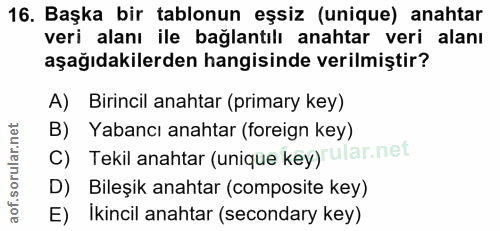 16. soru: Başka bir tablonun eşsiz (unique) anahtar veri alanı ile bağlantılı anahtar veri alanı aşağıdakilerden hangisinde ver…