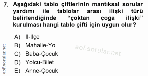 7. soru: Aşağıdaki tablo çiftlerinin mantıksal sorular yardımı ile tablolar arası ilişki türü belirlendiğinde "çoktan çoğa ili…