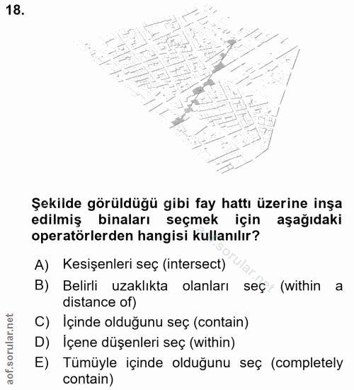 18. soru: Şekilde görüldüğü gibi fay hattı üzerine inşa edilmiş binaları seçmek için aşağıdaki operatörlerden hangisi kullanılı…