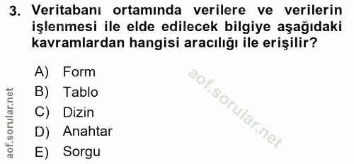 3. soru: Veritabanı ortamında verilere ve verilerin işlenmesi ile elde edilecek bilgiye aşağıdaki kavramlardan hangisi aracılı…