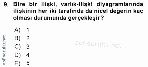 9. soru: Bire bir ilişki, varlık-ilişki diyagramlarında ilişkinin her iki tarafında da nicel değerin kaç olması durumunda gerç…