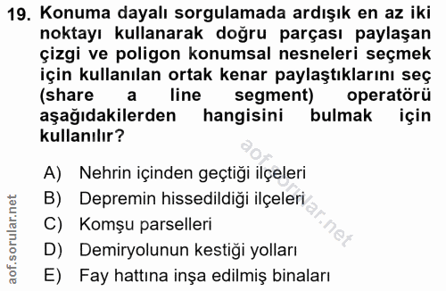 19. soru: Konuma dayalı sorgulamada ardışık en az iki noktayı kullanarak doğru parçası paylaşan çizgi ve poligon konumsal nesne…