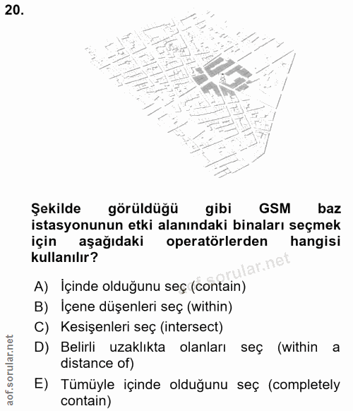 20. soru: Şekilde görüldüğü gibi GSM baz istasyonunun etki alanındaki binaları seçmek için aşağıdaki operatörlerden hangisi kul…