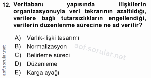 12. soru: Veritabanı yapısında ilişkilerin organizasyonuyla veri tekrarının azaltıldığı, verilere bağlı tutarsızlıkların engell…