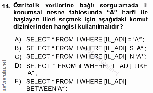 14. soru: Öznitelik verilerine bağlı sorgulamada il konumsal nesne tablosunda "A" harfi ile başlayan illeri seçmek için aşağıda…