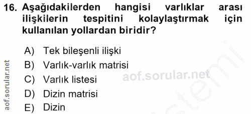 16. soru: Aşağıdakilerden hangisi varlıklar arası ilişkilerin tespitini kolaylaştırmak için kullanılan yollardan biridir? A) Te…