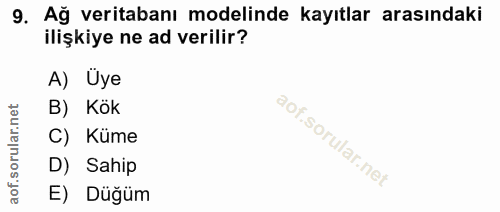 9. soru: Ağ veritabanı modelinde kayıtlar arasındaki ilişkiye ne ad verilir? A) Üye B) Kok C) Küme D) Sahip E) Düğüm