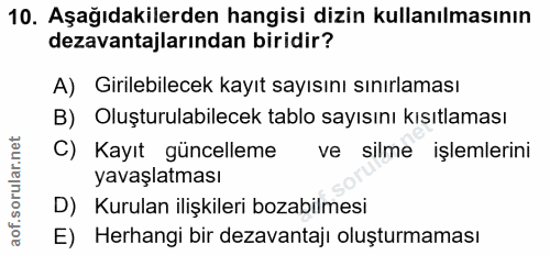10. soru: Aşağıdakilerden hangisi dizin kullanılmasının dezavantajlarından biridir? A) Girilebilecek kayıt sayısını sınırlaması…
