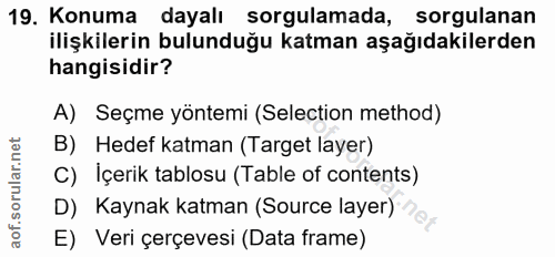 19. soru: Konuma dayalı sorgulamada, sorgulanan ilişkilerin bulunduğu katman aşağıdakilerden hangisidir? A) Seçme yöntemi (Sele…