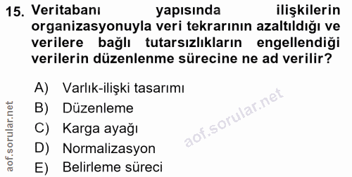 15. soru: Veritabanı yapısında ilişkilerin organizasyonuyla veri tekrarının azaltıldığı ve verilere bağlı tutarsızlıkların enge…