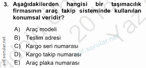 3. soru: Aşağıdakilerden hangisi bir taşımacılık firmasının araç takip sisteminde kullanılan konumsal veridir? A) Araç modeli…