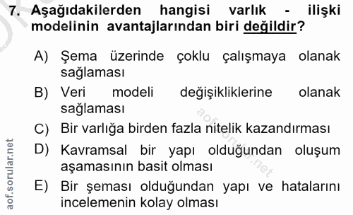 7. soru: Aşağıdakilerden hangisi varlık - ilişki modelinin avantajlarından biri değildir? A) Şema üzerinde çoklu çalışmaya ola…