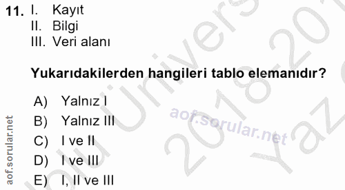 11. soru: l. Kayıt II. Bilgi III. Veri alanı Yukarıdakilerden hangileri tablo elemanıdır? A) Yalnız l B) Yalnız I!I C) I ve ll…