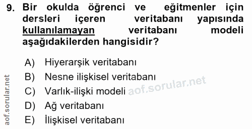 9. soru: Bir okulda öğrenci ve eğitmenler için dersleri içeren veritabanı yapısında kullanılamayan veritabanı modeli aşağıdaki…