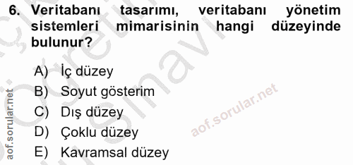 6. soru: Veritabanı tasarımı, veritabanı yönetim sistemleri mimarisinin hangi düzeyinde bulunur? A) Iç düzey B) Soyut gösterim…