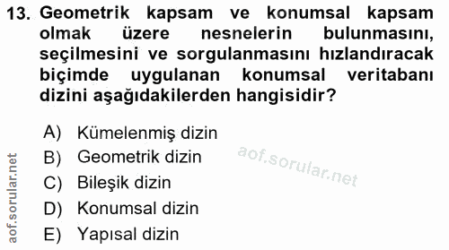 13. soru: Geometrik kapsam ve konumsal kapsam olmak üzere nesnelerin bulunmasını, seçilmesini ve sorgulanmasını hızlandıracak b…