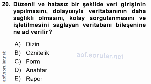20. soru: Düzenli ve hatasız bir şekilde veri girişinin yapılmasını, dolayısıyla veritabanının daha sağlıklı olmasını, kolay so…
