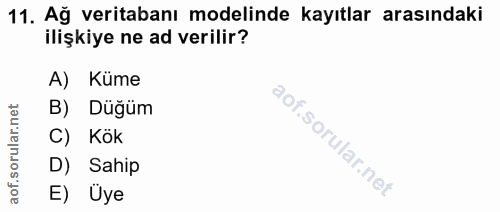 11. soru: Ağ veritabanı modelinde kayıtlar arasındaki ilişkiye ne ad verilir? A) Küme B) Düğüm C) Kök D) Sahip E) Uye
