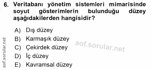 6. soru: Veritabanı yönetim sistemleri mimarisinde soyut gösterimlerin bulunduğu düzey aşağıdakilerden hangisidir? A) Dış düze…