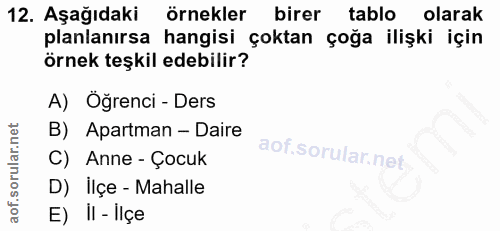 12. soru: Aşağıdaki örnekler birer tablo olarak planlanırsa hangisi çoktan çoğa ilişki için örnek teşkil edebilir? A) Öğrenci -…