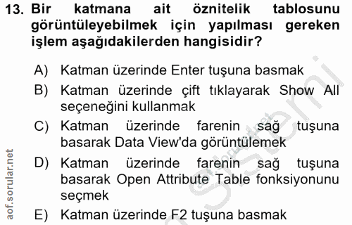 13. soru: Bir katmana ait öznitelik tablosunu görüntüleyebilmek için yapılması gereken işlem aşağıdakilerden hangisidir? A) Kat…