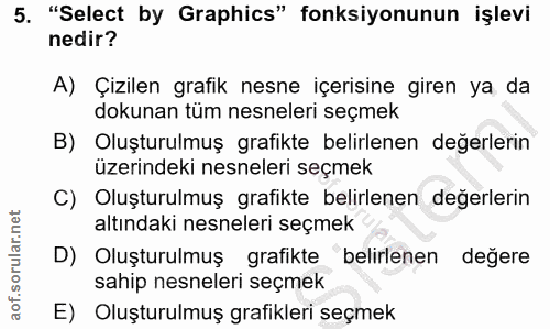 5. soru: "Select by Graphics" fonksiyonunun işlevi nedir? A) Çizilen grafik nesne içerisine giren ya da dokunan tüm nesneleri…