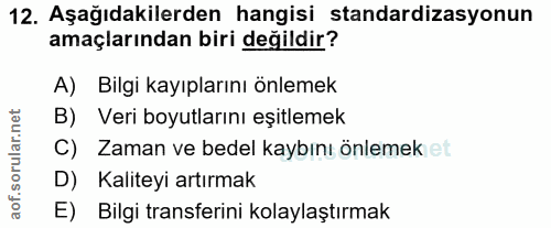 12. soru: Aşağıdakilerden hangisi standardizasyonun amaçlarından biri değildir? A) Bilgi kayıplarını önlemek B) Veri boyutların…