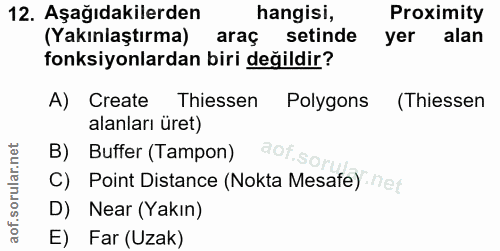 12. soru: Aşağıdakilerden hangisi, Proximity (Yakınlaştırma) araç setinde yer alan fonksiyonlardan biri değildir? A) Create Thi…