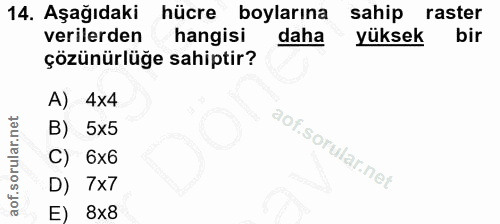 14. soru: Aşağıdaki hücre boylarına sahip raster verilerden hangisi daha yüksek bir çözünürlüğe sahiptir? A) 4x4 B) 5x5 C) 6x6…