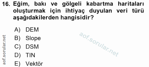 16. soru: Eğim, bakı ve gölgeli kabartma haritaları oluşturmak için ihtiyaç duyulan veri türü aşağıdakilerden hangisidir? A) DE…