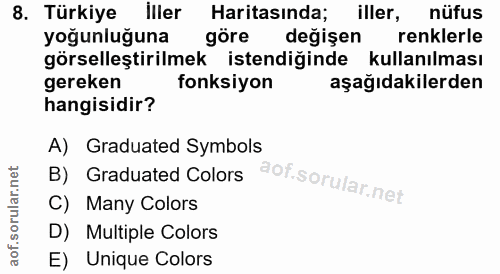 8. soru: Türkiye İller Haritasında; iller, nüfus yoğunluğuna göre değişen renklerle görselleştirilmek istendiğinde kullanılmas…