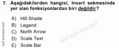 7. soru: Aşağıdakilerden hangisi, Insert sekmesinde yer alan fonksiyonlardan biri değildir? A) Hill Shade B) Legend C) North A…