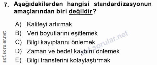 7. soru: Aşağıdakilerden hangisi standardizasyonun amaçlarından biri değildir? A) Kaliteyi artırmak B) Veri boyutlarını eşitle…