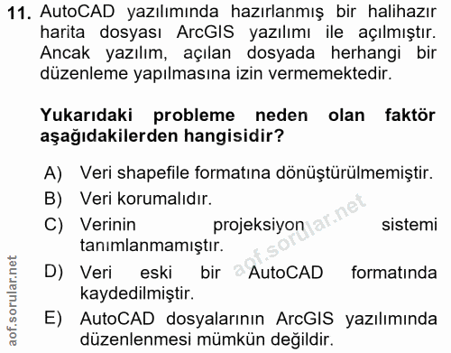 11. soru: AutoCAD yazılımında hazırlanmış bir halihazır harita dosyası ArcGIS yazılımı ile açılmıştır. Ancak yazılım, açılan do…
